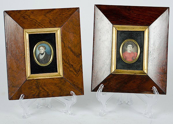 19th Century Miniature Portraits on Ivory : 19th Century Miniature Portraits on Ivory American, 19th century. Two miniature portraits of Mary Woodhead (1808-1893) and John Woodhead (1805-1869); both on ivory, both in tapered wood frames; port