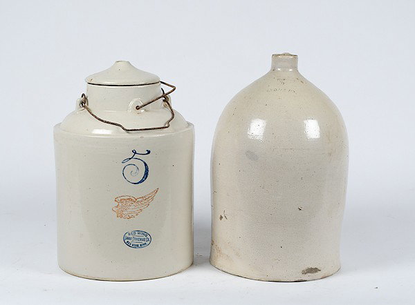 Red Wing Stoneware Jug, Plus : Red Wing Stoneware Jug, Plus American. Two stoneware jugs including a five-gallon jug with lug handle marked Lyons NY and a five-gallon jug marked Red Wing Union Stoneware Co / Red Wing, Minn.; tall