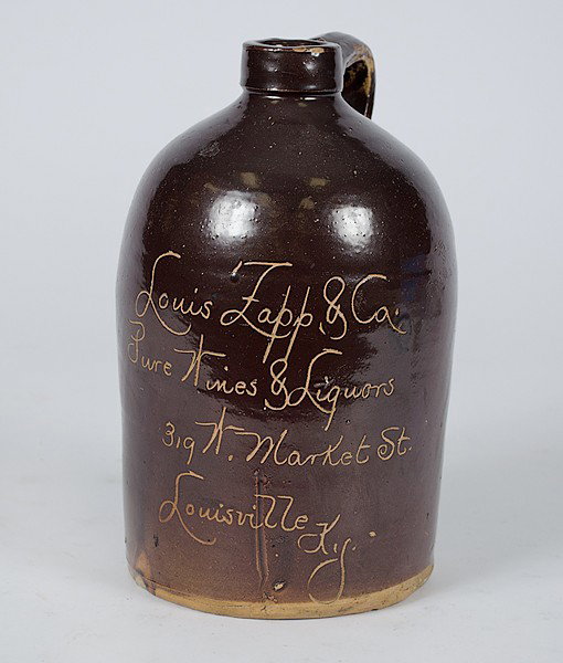 Louisville KY Scraffito Incised Stoneware Whiskey : Louisville KY Scraffito Incised Stoneware Whiskey Jug American. An Albany slip stoneware whiskey jug incised on side Louis Zapp & Co., Pure Wines & Liquors, 319 W. Market St., Louisville, KY; ht. 9 