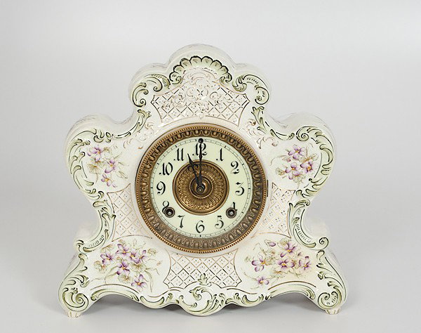 Ansonia "Dresden" Mantel Clock : Ansonia "Dresden" Mantel Clock American, ca 1900. The "Dresden" model Ansonia porcelain-cased clock, made for the American Wringer Co., in white with floral decoration. Fully signed; ht. 12.5 in.