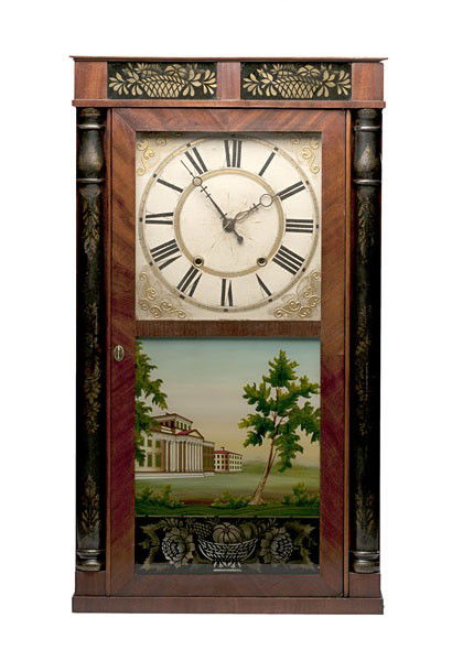 Henry Terry Shelf Clock : Henry Terry Shelf Clock American. A Henry Terry shelf clock with reverse painted door and paper label on interior; ht. 31.25, wd. 18, dp. 4.25 in.