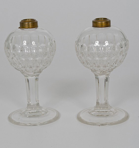 Pressed Glass Whale Oil Lamps : Pressed Glass Whale Oil Lamps American, possibly Pittsburgh. Pressed glass whale oil lamps, with thumbprint bowl; ht 8 in.