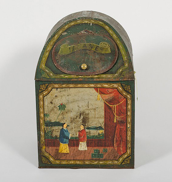 Tin Tea Bin : Tin Tea Bin American. A painted tin tea bin with hinged slant lid; ht. 26.5, wd. 18. dp. 17.5 in.