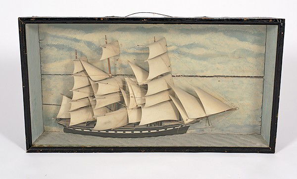 Ship Diorama : Ship Diorama American, 19th century. A diorama of a clipper ship in full sail, mounted in a wood and glass shadow box; ship lg. 28 in, overall size; ht.22, lg. 40, dp. 6 in.