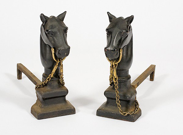 Horse Head Andirons : Horse Head Andirons A pair of painted cast iron horse head andirons, each having a heavy brass chain muzzle; ht. 16 in.