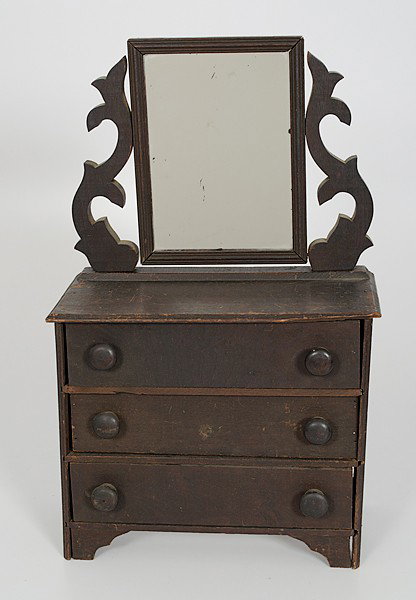 Doll Dresser with Mirror : Doll Dresser with Mirror American. An early wooden doll dresser, having three drawers and a mirror; ht. 24, lg. 14, dp. 6.5 in.