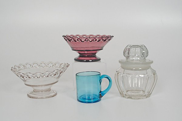 Pittsburgh Glass : Pittsburgh Glass American. An assembled group of Pittsburgh glass including a clear compote, a purple compote, a blue mug, and humidor, probably Ohio, with lid, all unmarked; jar ht. 6.75 in.