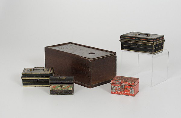 Painted Metal Boxes and Ballot Box : Painted Metal Boxes and Ballot Box An assembled group of painted metal boxes, two tole painted and two handled marked Made in England; largest lg. 4.5, wd. 3 in. Plus a wood ballot box with slide to