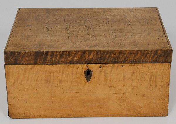 Pennsylvania Decorated Box : Pennsylvania Decorated Box American. A maple box having hexagonal compass inlaid decoration on the hinged lid; ht. 6.5, wd. 13.75, dp. 10.5 in.