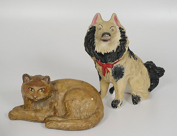 Chalkware Cat Figurine, Plus : Chalkware Cat Figurine, Plus A polychrome chalkware lounging cat figurine; ht.7, lg 14 in; Plus a polychrome chalkware collie dog; ht. 14 in.