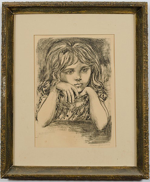 Marion Greenwood WPA Era Lithograph Portrait of a : Marion Greenwood WPA Era Lithograph Portrait of a Girl Marion Greenwood (American, 1909-1970), titled Reverie on verso, signed l.r., with AAA label for Associated American Artists on verso; 15 x 10 