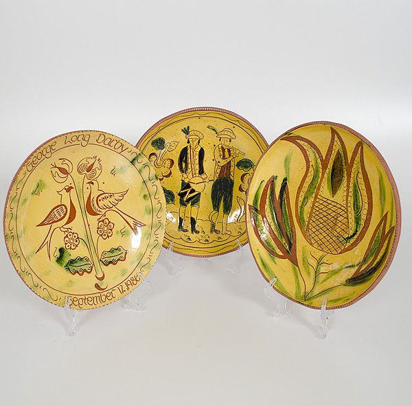 Lester Breininger Contemporary Redware Plates, Plu: Lester Breininger Contemporary Redware Plates, Plus American, ca 1970s. An assembled group of three sgraffito decorated redware pottery chargers and plates, signed and dated by Pennsylvania artist L