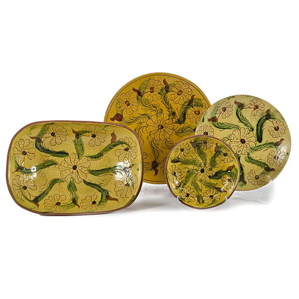 Lester Breininger Contemporary Redware Chargers : Lester Breininger Contemporary Redware Chargers American, ca 1970s/1980s. An assembled group of four sgraffito redware pottery chargers, plates, and serving dishes, all signed and dated by Pennsylva