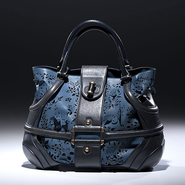 Alexander McQueen Flora Handbag : Alexander McQueen Flora Handbag Petrol floral laser-cut leather Novak bag with gold hardware and a navy solid leather frame. Alexander McQueen bag has leather appliqué butterfly detailing, two hand