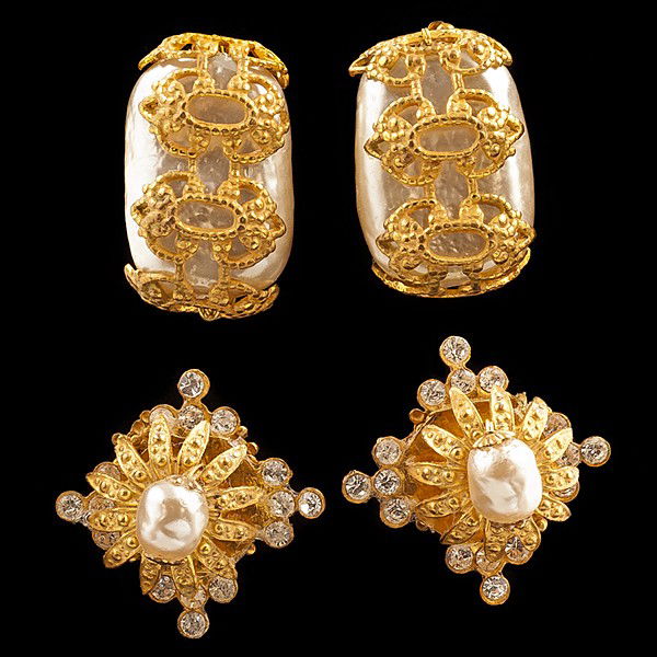 Pair of Miriam Haskell Faux Pearl Earrings : Pair of Miriam Haskell Faux Pearl Earrings Miriam Haskell faux pearl earrings (2 pair). Large pair of irregular faux pearls and gilt gold classic motif earclips, small pair of faux pearl and rhinest