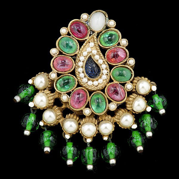 Kenneth Jay Lane Vintage Brooch : Kenneth Jay Lane Vintage Brooch Kenneth Jay Lane signed brooch set with faux pearls, green, pink and purple glass stones, gilt color and about 3ins. in height.