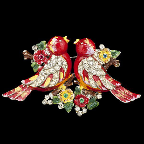Coro Duette Brooch : Coro Duette Brooch Signed Brooch/Fur Duette Clips by Coro, patent # 1798867. Duette of vibrantly painted birds; some colorless rhinestones are missing.