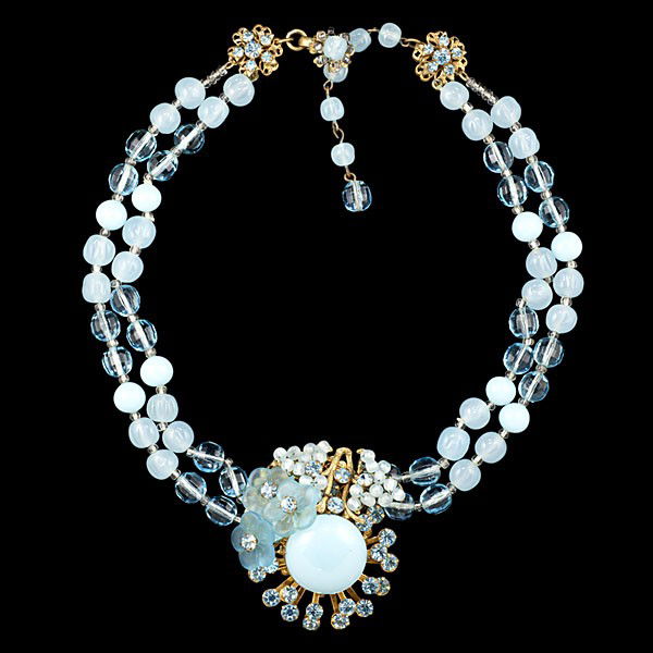 Miriam Haskell Frosted Blue Bead and Rhinestone Ne: Miriam Haskell Frosted Blue Bead and Rhinestone Necklace A Miriam Haskell flower motif necklace; a mix of frosted blue toned beads, clear blue beads and rhinestones arraigned in a floral design with