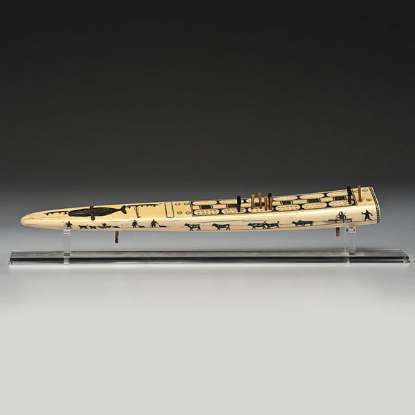 Eskimo Carved Walrus Tusk Cribbage Board : Eskimo Carved Walrus Tusk Cribbage Board Fully decorated on plyaing-board side with hunting scenes of whales and walruses; underside with three-dimensional seals, whales, and umiak; ten carved woode