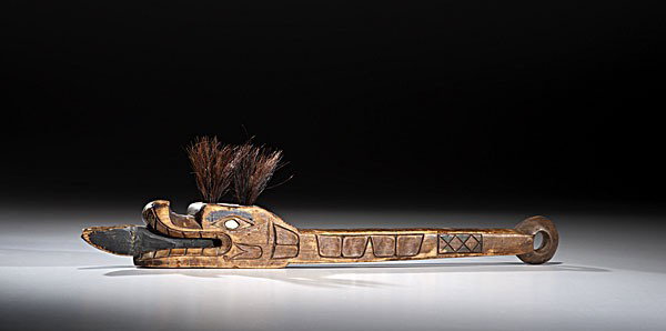 Kwakwaka’wakw Sisiutl Dance Wand : Kwakwaka’wakw Sisiutl Dance Wand Painted in red, black, green and carved into the form of Sisiutl, a sea serpent guardian of supernatural beings; crest of head with two holes filled with horse hai