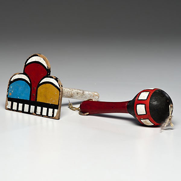 Hopi Dance Wand and Rattle : Hopi Dance Wand and Rattle Lot of 2, includes a colorful dance wand depicting rain clouds, reverse with tadpoles, length 7 in.; AND a gourd rattle painted in red and black, length 7.5 in. second qua