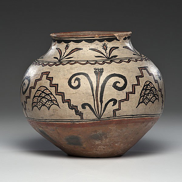 San Ildefonso Polychrome Olla : San Ildefonso Polychrome Olla Concave base with globular body; florals, rainclouds, and terraced designs decorate body, height 11.75 in. x diameter 13 in. ca 1900