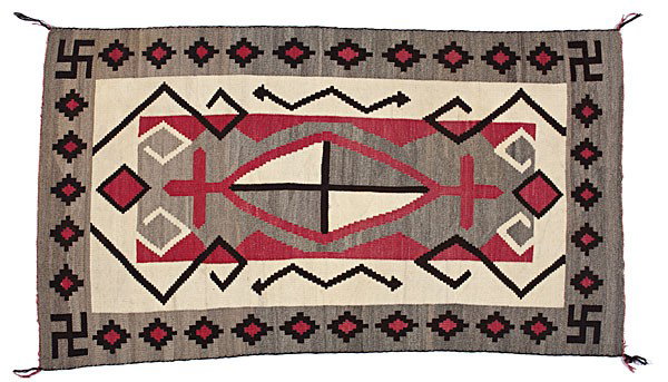 Navajo J.B. Moore Crystal Weaving : Navajo J.B. Moore Crystal Weaving Pictured in plate 24 of J.B. Moore's 1911 catalogue; hand-spun wool woven using colors of cream, dark brown, gray, and aniline red; central diamond surrounded by cr