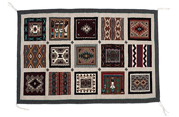 Winnie Yazzie Navajo Pictorial Sampler : Winnie Yazzie Navajo Pictorial Sampler Hand-spun and commercial wool; with 15 smaller patterns integrated into larger weaving, 58.5 in. x 39 in. 20th century