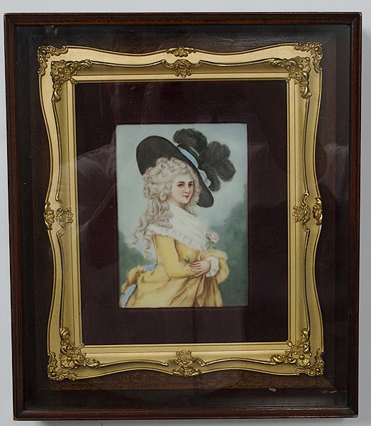 German Portrait Plaque : Germany. A hand painted plaque depicting a Victorian woman wearing a large black hat; unsigned, framed in a gold ornate shadow box frame; plaque ht. 6.5, wd. 5 in.