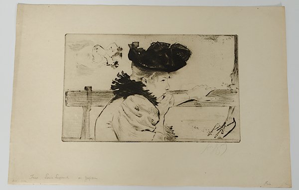 Etching of Women by Louis Legrand, Plus : Louise Legrand (French, 1863-1951), titled Trio l.l., signed l.r. PLUS a wooded landscape etching, titled Old Willows on verso, signed illegibly l.r. PLUS a townscape etching, with German title l.l., 