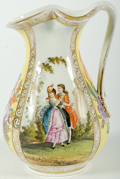 KPM-Style Porcelain Pitcher : Europe (probably Germany). A Continental handled pitcher with panels having hand-painted courting scenes, alternating with floral bouquets, marked with blue under-glaze scepter; ht. 7.5 in.