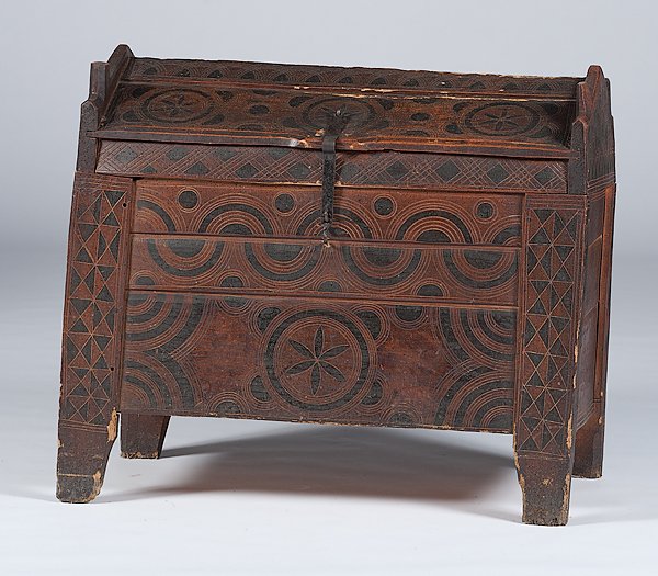 Continental Painted Chest : Europe, 17/18th century. A chest with a peaked lid having incised and painted decoration, with wrought iron hardware; ht. 37, wd. 43, dp. 21.5 in.