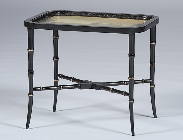Papier Mâché Tray on Stand : England, early 20th century. A papier mâché tray with hunt scene on a later ebonized wooden stand; ht. 19, wd. 21.5, dp. 17.75 in.