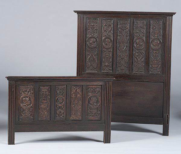 Continental Carved Bed : Europe, probably France, late 19th century. A single bed headboard and footboard having carved oak panels, without rails; ht. 57.25, wd. 47.5 in.