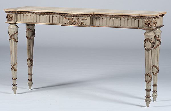Robert Adam-style Console Table : 20th century. A Robert Adam-style console table with faux marble top and tapered fluted legs with carved ribbons; ht. 36.5, wd. 65.75, dp. 18 in.