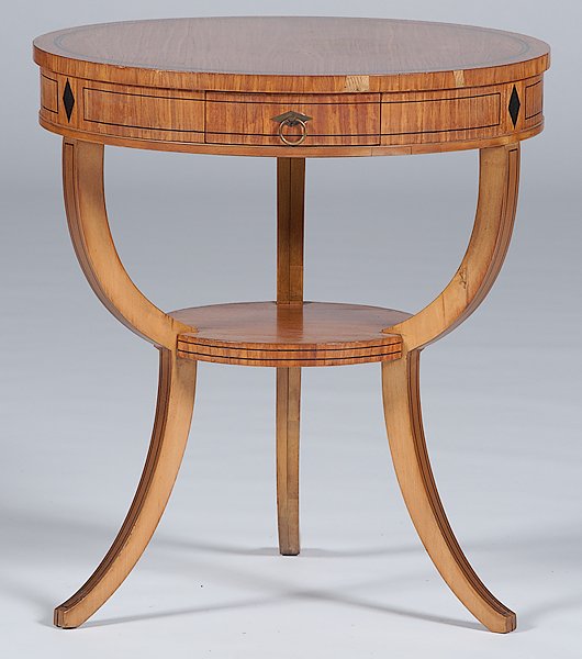Biedermeier-style Drum Table : 20th century. A Biedermeier-style drum table in assorted woods including oak and poplar, and having ebonized string and diamond inlay, labeled A.B. Closson Jr. Co./ Artistic Furniture/ Cincinnati; ht.