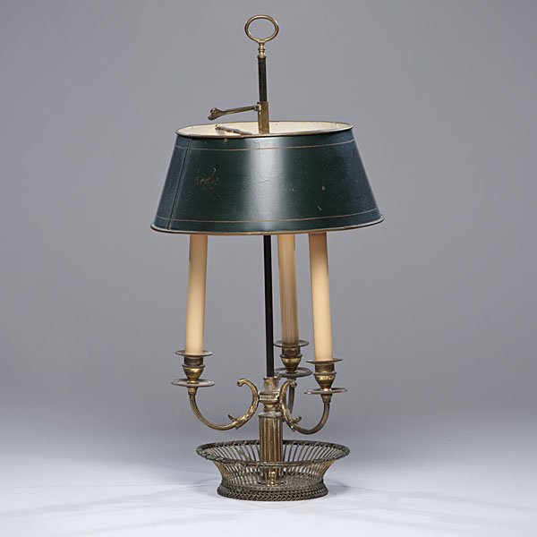 French Bouillotte Lamp : France, 20th century. A brass three-candlelight table lamp with painted metal shade, electrified; ht. 23.5 in.