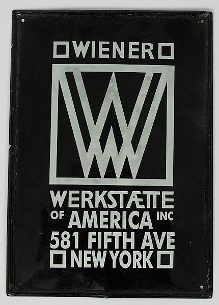 Wiener Werkstatte Sign : America, 20th century. A Wiener Werkstatte metal store sign reading Wiener Werkstatte of America Inc. / 581 Fifth Ave. / New York in white lettering against a black ground; ht. 9.75, wd. 7 in.