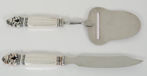 Georg Jensen Sterling Serving Pieces : Europe. A two-piece sterling silver serving set in the "Acorn" pattern by Georg Jensen, marked Georg Jensen / Sterling; largest lg. 8.25 in.