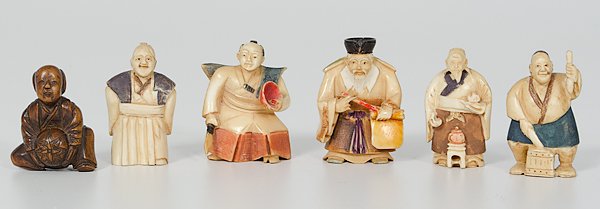 Polychrome Ivory Netsukes, Plus : Japan. Aan assembled group of five polychrome figural netsukes with two-character marks; plus a carved wooden figural netsuke; tallest ht. 2 in. International shipping is not available for this item. 