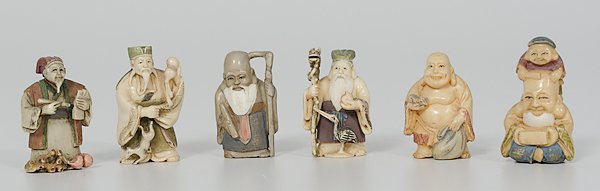 Polychrome Ivory Netsukes : Japan. An assembled group of six polychrome figural netsukes with two-character marks; tallest, ht. 2 in. International shipping is not available for this item. This item will only be shipped within t