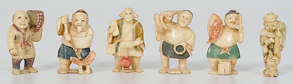 Polychrome Ivory Netsukes, Plus : Japan. An assembled group of six netsukes including five polychrome figural netsukes with two-character marks and one unmarked carved and inked ivory figure netsuke; tallest ht. 2 in. International sh