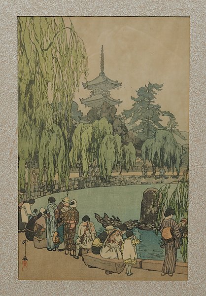 Japanese Woodblock Prints, Including Hiroshi Yoshi: Japan. Includes two woodblock prints with pagodas as central features, one with artist's signature of Hiroshi Yoshida and calligraphic text l.l., the matting covering what should be either a Jizuri se