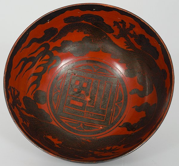 Japanese Dragon Bowl : Japan. A porcelain bowl with dragons and clouds in black against a red ground, with overglaze red six-character mark; dia. 6 in. (15.2 cm).