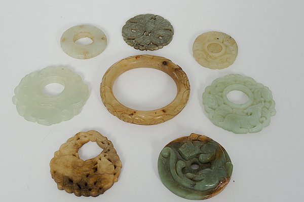 Collection of Chinese Jade and Hardstone Carvings : Includes a hardstone yellow bangle, five jade and hardstone openwork carvings, and also a Ming-style jade bi disk; largest 3.5 in. diameter.