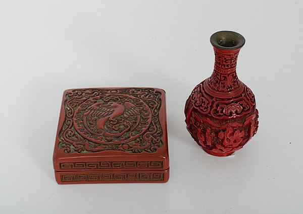 Cinnabar Box and Vase : China. A cinnabar lidded box with phoenix decoration and key-fret designs and a cabinet vase, both unmarked; vase ht. 4 in.