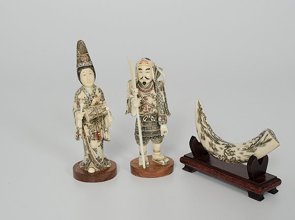 Chinese Inked Resin Figures : China. Three inked resin items including one in the shape of a tusk, one standing man, and one standing woman, all signed; tallest ht. 7.5 in.