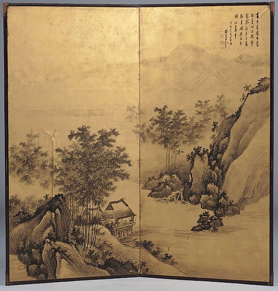 Japanese Painted Screen - Early 20th Century : Japan. Early 20th Century. A painted standing screen with Chinese characters in u.r. and three red seals, featuring a mountainous landscape against a gold ground; 67 x 68 in.