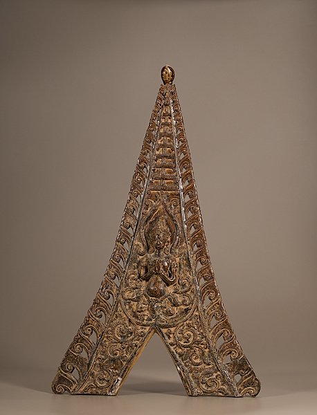 Thailand Ironstone Temple Ornament : Thailand, early 20th century, stoneware architectural temple ornament from Northern Thailand, with center carved Buddha and underglaze iron decoration, done in the Sukatai-style ht. 42 in.
