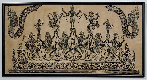 Indian Deity Drawings : Indian, two drawings the first depicting an Indian deity atop a peacock with a drawn arrow, and the second depicting dancing deities atop double lotus flowers flanked by dragons and monkeys, each unsi